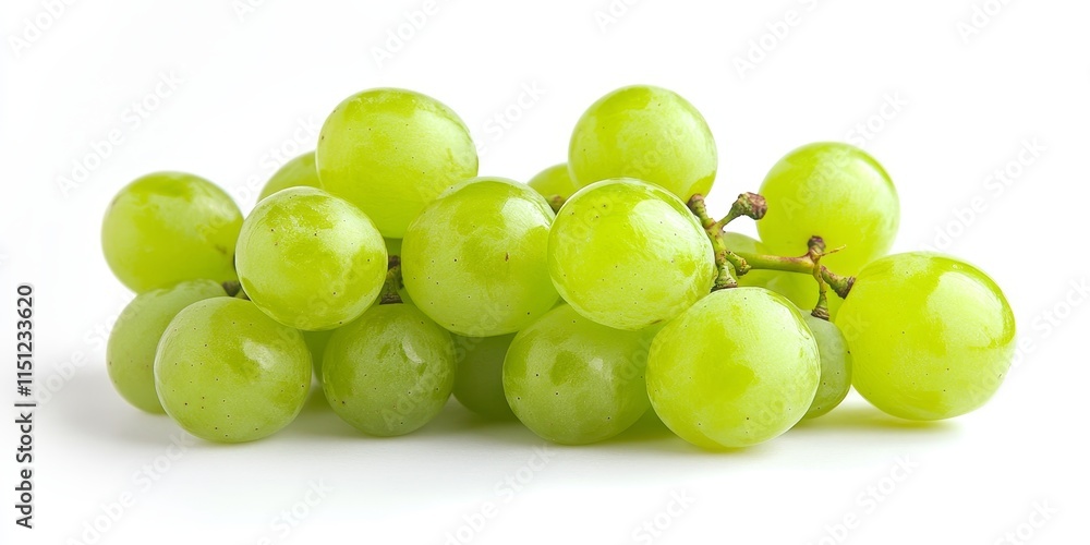 Isolated organic green grapes displayed on a white background, showcasing the freshness and vibrant color of organic green grapes with a full depth of field for enhanced detail. Isolated organic green grapes displayed on a white background, showcasing the freshness and vibrant color of organic green grapes with a full depth of field for enhanced detail.
