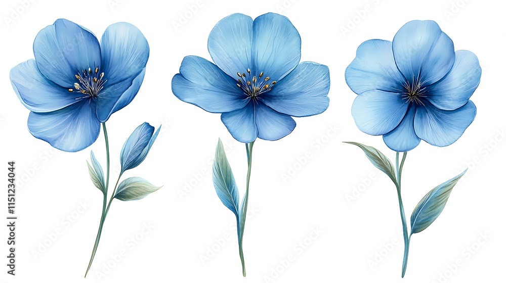 Fototapeta premium Three fresh blue flax flowers isolated on a white background
