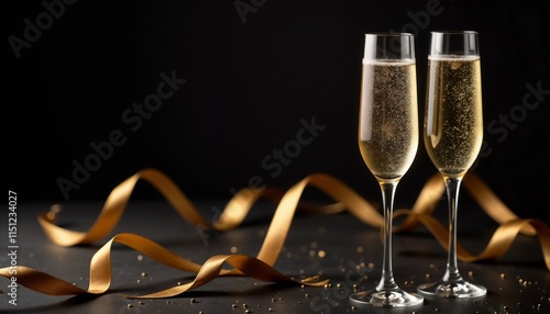 Festive banner with champagne glasses, bubbles, and golden ribbon.Copy space, banner, New Year's Eve, holiday celebration, event promotion, festive poster, anniversary, special occasion. Elegance. Spa