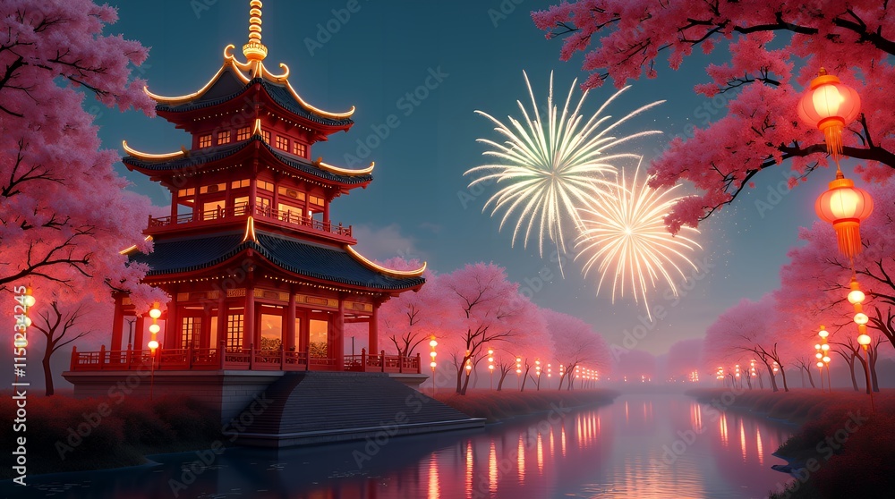 Fototapeta premium A serene nighttime scene of a traditional Chinese pagoda surrounded by glowing red lanterns and blooming cherry blossoms. The sky is filled with fireworks celebrating Chinese New Year
