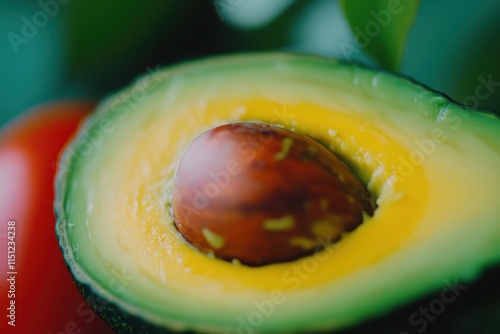 Close-up of avocado half showing pit and vibrant flesh. photo