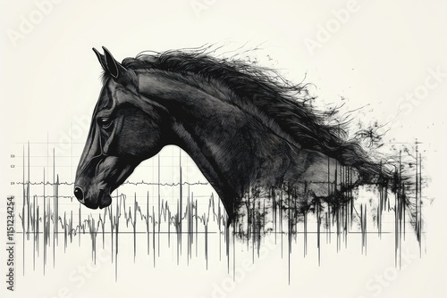 Black horse head emerging from ink splashes and strokes photo