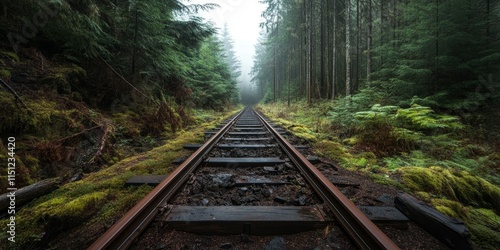 Narrow gauge railway line surrounded by forest, showcasing the unique characteristics of the narrow gauge railway with notable half meter distance between the rails, yet no train in sight. photo