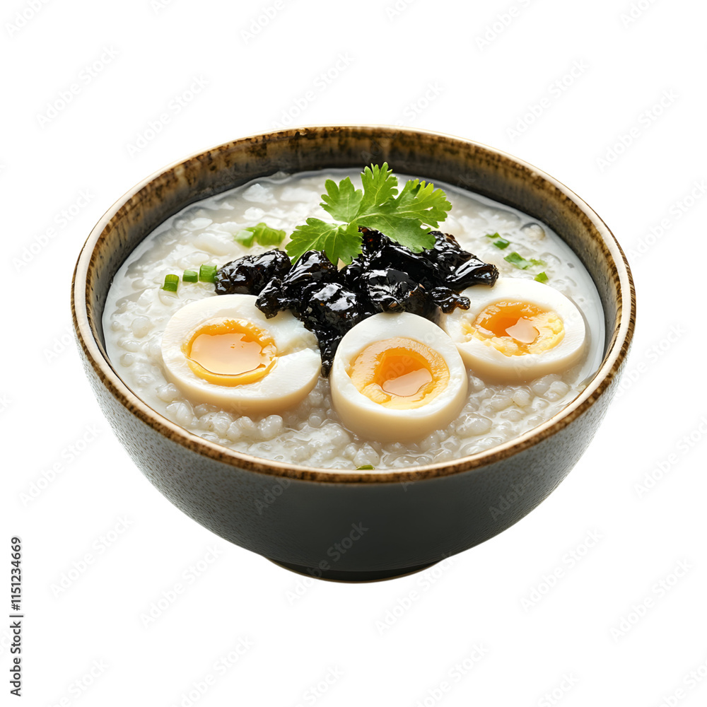 Tasty Rice soup or boiled rice with pork ribs and egg in bowl isolated on transparent background Tasty Rice soup or boiled rice with pork ribs and egg in bowl isolated on transparent background