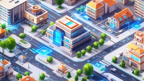 A vibrant, futuristic cityscape with modern buildings and roads.