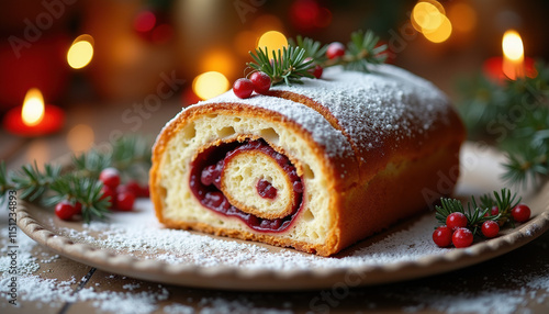 Wallpaper Mural Christmas stollen dusted with powdered sugar, beautifully presented on a decorative plate with festive decor Torontodigital.ca