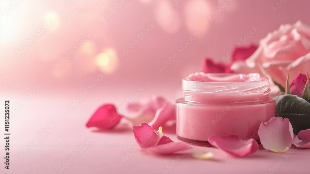 Fototapeta premium Rosehip Oil Face Mask Jars Surrounded by Fresh Rose Petals - Soft Pink Background with Elegant Glow