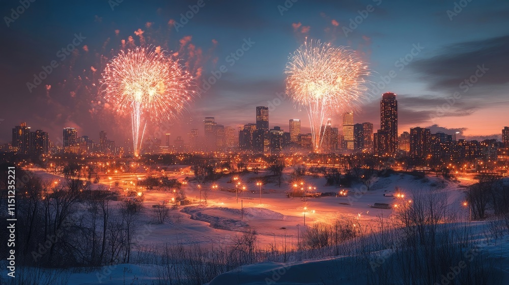 Downtown city skyline glowing with fireworks during New Year's celebration Downtown city skyline glowing with fireworks during New Year's celebration