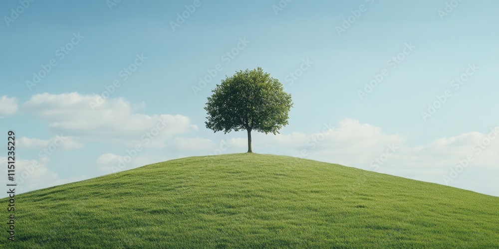 Fototapeta premium A solitary tree stands on a grassy hill, representing the concept of deforestation and its impact on life, emphasizing the importance of preserving trees and nature in our ecosystem.