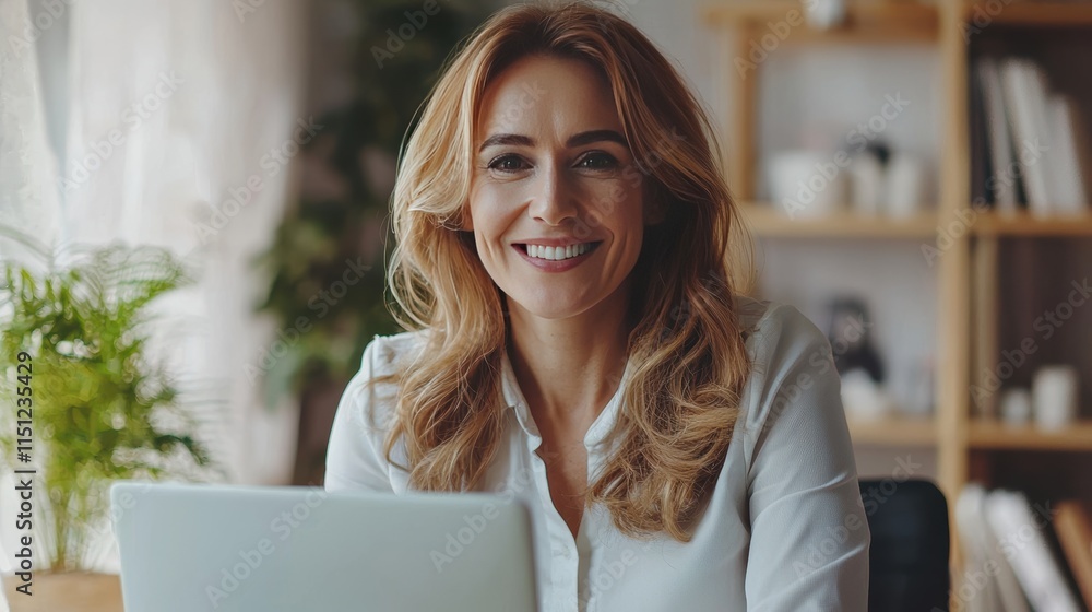 Smiling Woman with Laptop in Cozy Home Office Environment Smiling Woman with Laptop in Cozy Home Office Environment