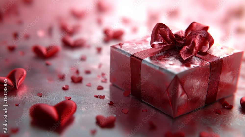 Elegant Red Gift Box Surrounded by Heart-Shaped Decorations Elegant Red Gift Box Surrounded by Heart-Shaped Decorations