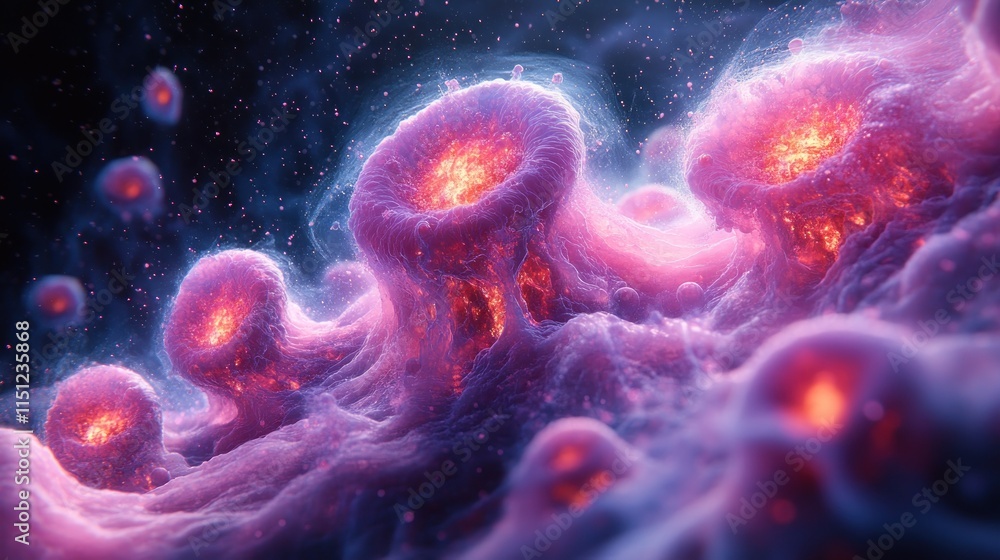 Abstract glowing organic forms, vibrant pink and orange hues, resembling alien life or a nebula. Abstract glowing organic forms, vibrant pink and orange hues, resembling alien life or a nebula.