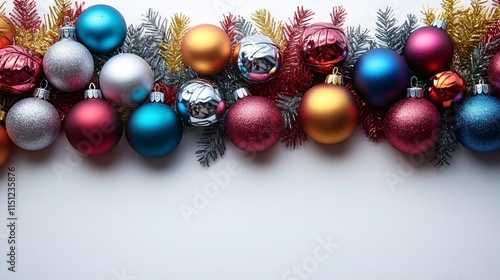 An energetic combination of multicolored dreidels, a shiny menorah, and traditional Christmas baubles scattered across a bright white background. photo