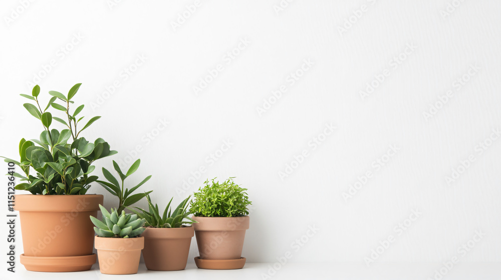 Assorted gardening pots and planters with various plants on bright white background create fresh and vibrant atmosphere. Perfect for home decor or gardening enthusiasts Assorted gardening pots and planters with various plants on bright white background create fresh and vibrant atmosphere. Perfect for home decor or gardening enthusiasts
