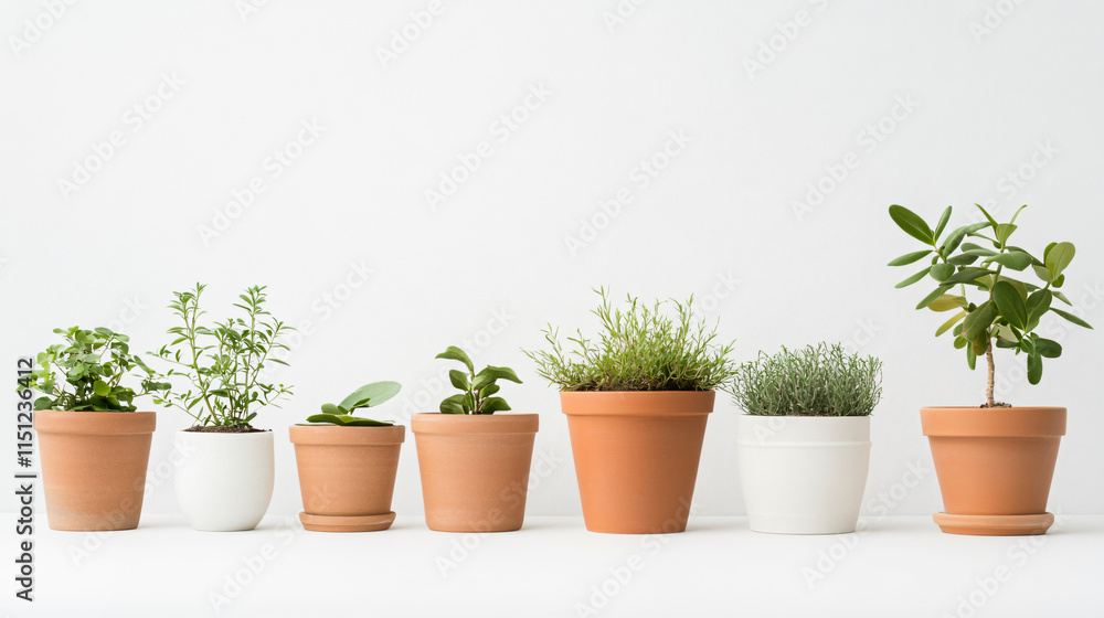 Assorted gardening pots and planters with various plants on bright white background create fresh and vibrant atmosphere. Perfect for home decor or gardening inspiration Assorted gardening pots and planters with various plants on bright white background create fresh and vibrant atmosphere. Perfect for home decor or gardening inspiration