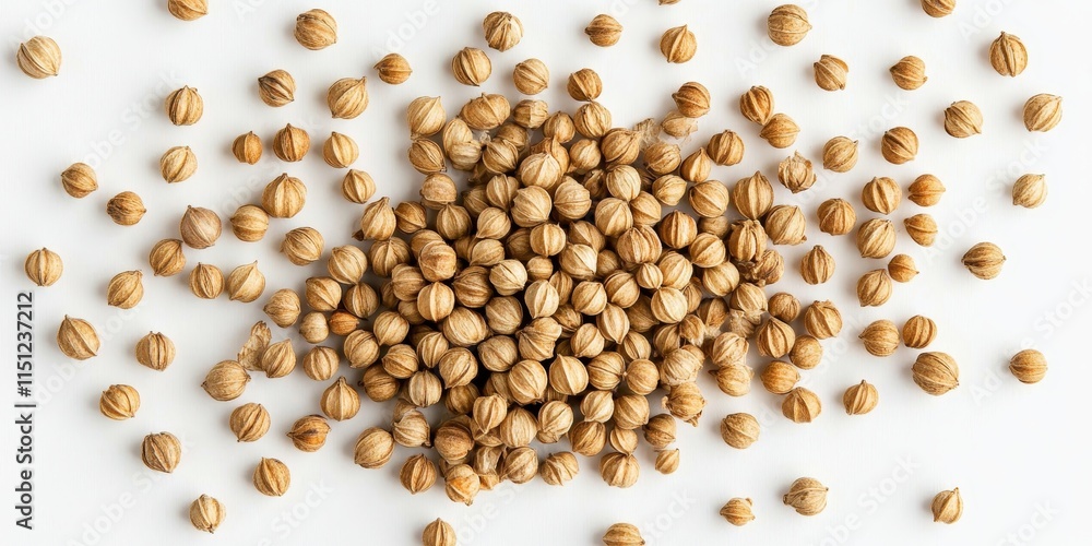 Top view of coriander seeds displayed on a white background, showcasing the unique texture and appearance of coriander seeds for culinary and decorative purposes. Top view of coriander seeds displayed on a white background, showcasing the unique texture and appearance of coriander seeds for culinary and decorative purposes.
