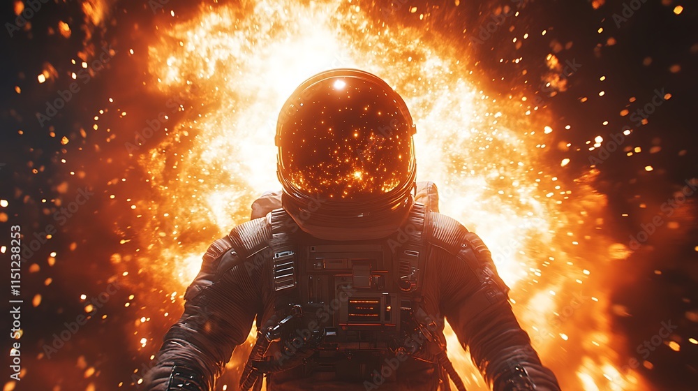 Fototapeta premium An astronaut suspended in space as a supernova erupts in the distance, vibrant shockwaves of light and energy spreading outward, cinematic lighting illuminating the astronaut’s reflective visor,