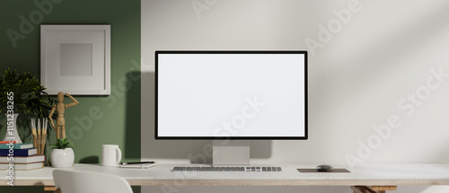 Fototapeta Naklejka Na Ścianę i Meble -  A front view of a computer with a white screen mockup on a table against the wall in a modern room.