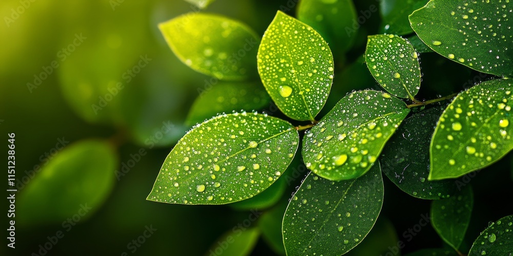 Fototapeta premium Green leaves adorned with droplets of dew reflect a serene morning atmosphere. The fresh greenery enhances the beauty of nature while the dew on the green leaves adds a refreshing touch.