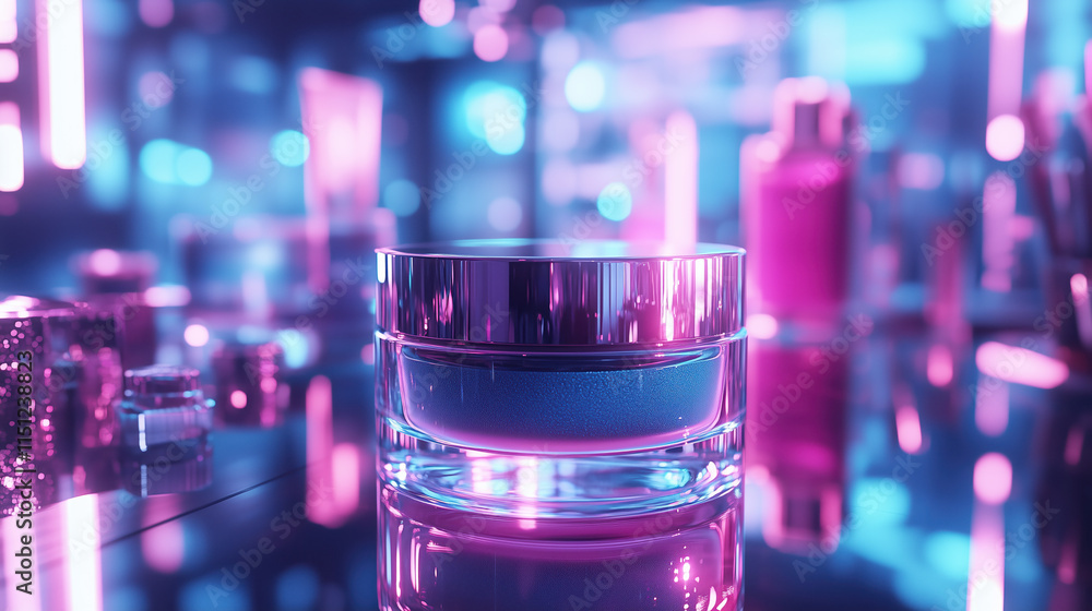 Spirulina Extract Mask Jar with Holographic Detailing and Neon Background, Showcasing Innovative Skincare Solutions Spirulina Extract Mask Jar with Holographic Detailing and Neon Background, Showcasing Innovative Skincare Solutions