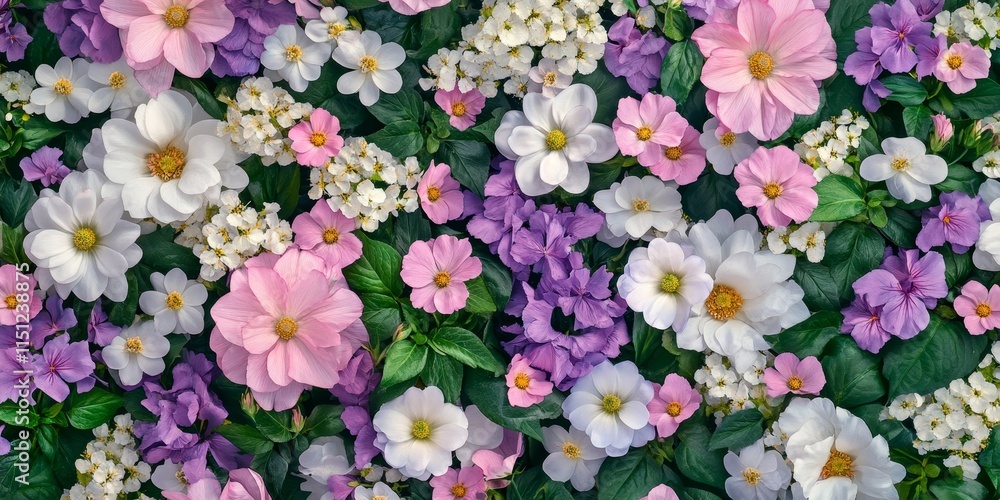 Fototapeta premium Vibrant background of blooming flowers featuring white, light pink, and purple hues complemented by lush green leaves, perfect for use as a design element, wallpaper, or printed material.