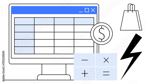 Desktop computer displaying spreadsheet, money sign, calculator with arithmetic functions, shopping bag, and lightning bolt. Ideal for finance, e-commerce, budgeting, retail electricity business