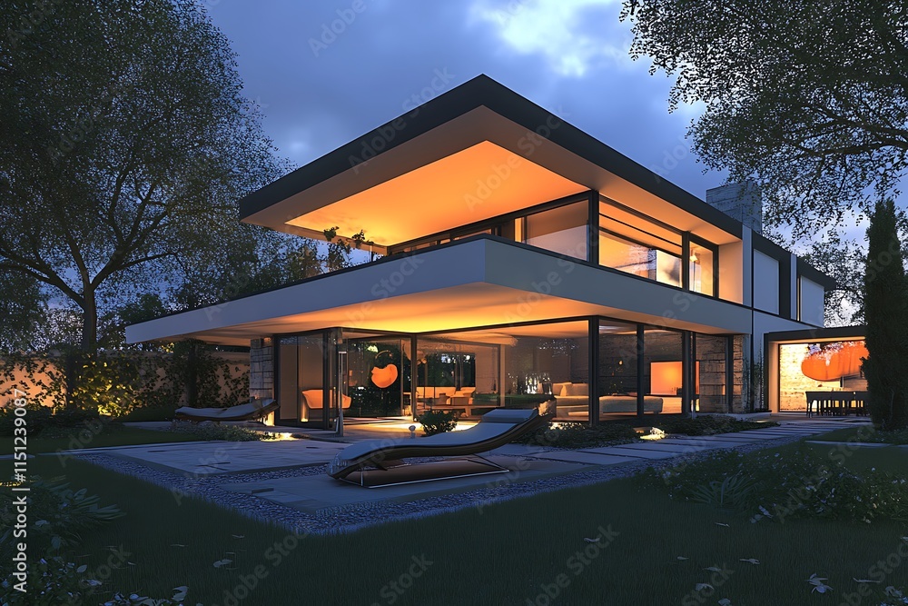 Modern House at Night with Pool and Patio. Contemporary Architecture. Modern House at Night with Pool and Patio. Contemporary Architecture.
