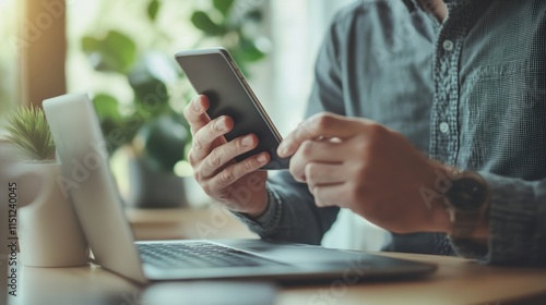 Person Using Smartphone While Working on Laptop at Modern Desk photo