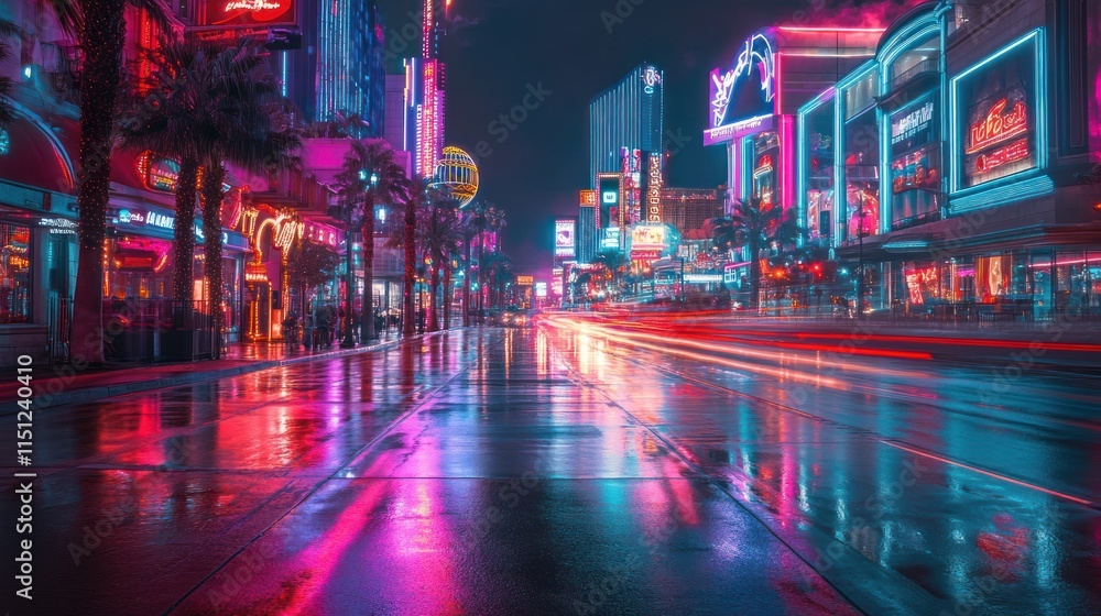Vibrant neon-lit street scene reflecting in wet pavement at night. Vibrant neon-lit street scene reflecting in wet pavement at night.