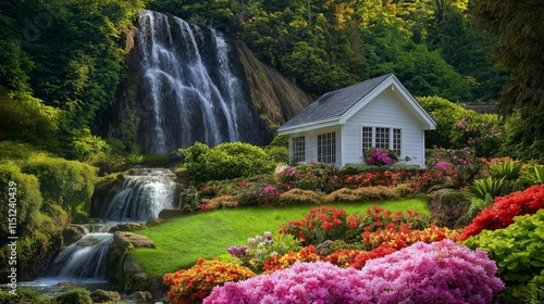 Fototapeta Naklejka Na Ścianę i Meble -  beautiful cozy small house surround with flower blossoming garden and waterfall creek 