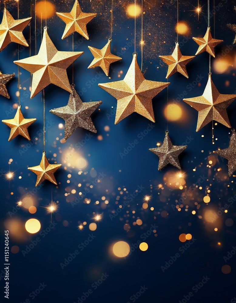 Christmas background with golden stars and bokeh lights on dark blue Christmas background with golden stars and bokeh lights on dark blue
