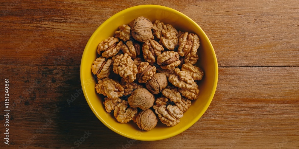 Aerial perspective of walnuts placed inside a yellow bowl set on a wooden table. The scene showcases the walnuts in a vibrant yellow bowl against a natural wood backdrop. Aerial perspective of walnuts placed inside a yellow bowl set on a wooden table. The scene showcases the walnuts in a vibrant yellow bowl against a natural wood backdrop.