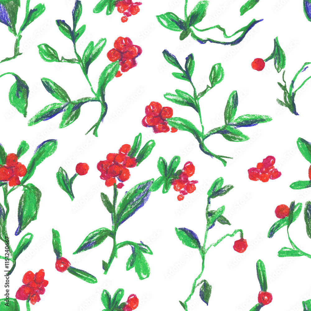Red cranberries with green leaves wax crayons seamless pattern on white isolated background. Textural and botanical ornament repeating pattern. Design for textiles, wrapping paper and wallpaper. Red cranberries with green leaves wax crayons seamless pattern on white isolated background. Textural and botanical ornament repeating pattern. Design for textiles, wrapping paper and wallpaper.