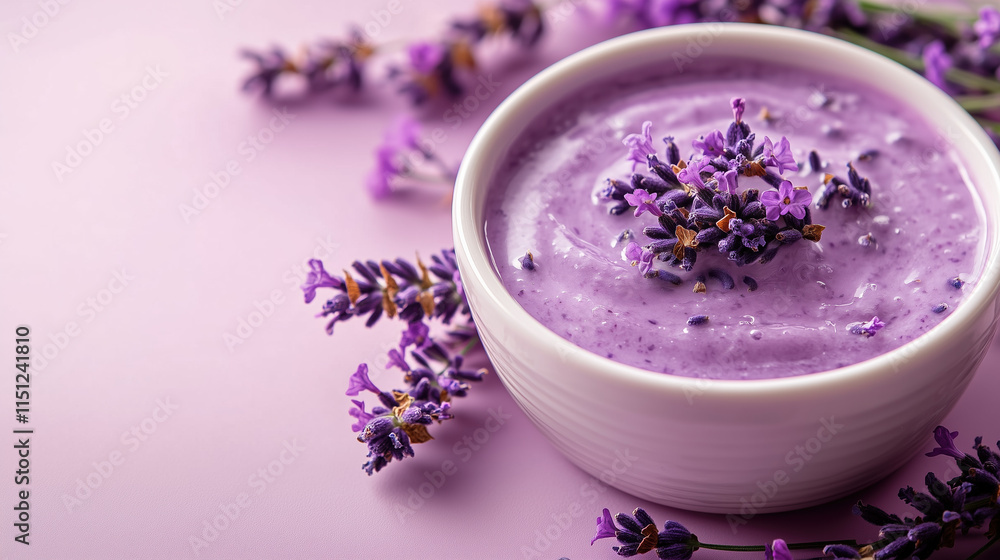 Relaxing Lavender Extract Face Mask with Purple Hues and Elegant Flowers, Perfect for Text Placement Relaxing Lavender Extract Face Mask with Purple Hues and Elegant Flowers, Perfect for Text Placement