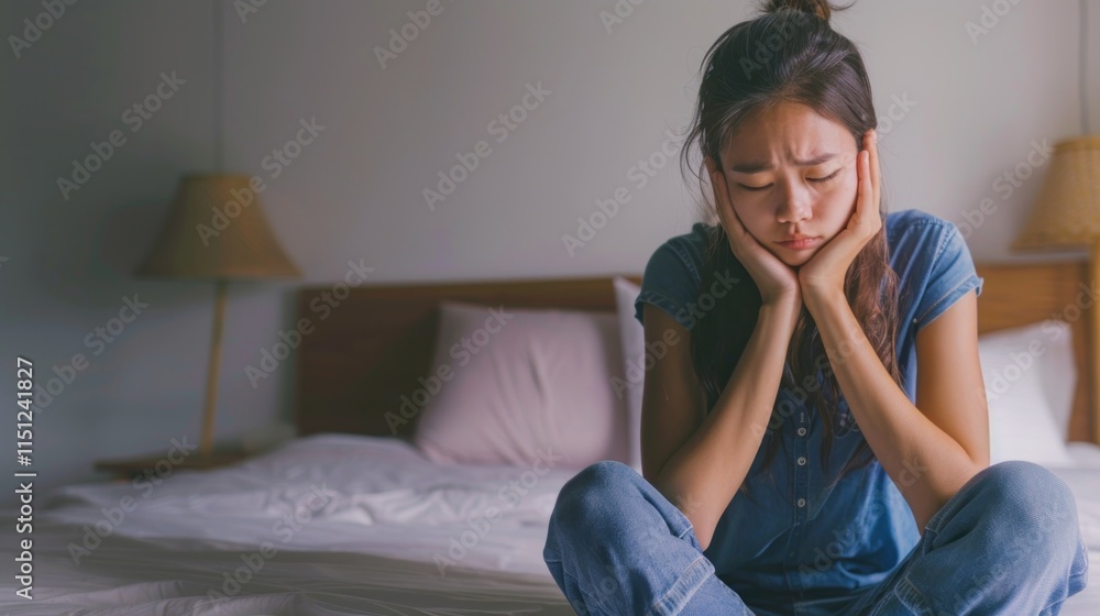 A woman sits on a bed, looking distressed and holding her head in her hands. A woman sits on a bed, looking distressed and holding her head in her hands.