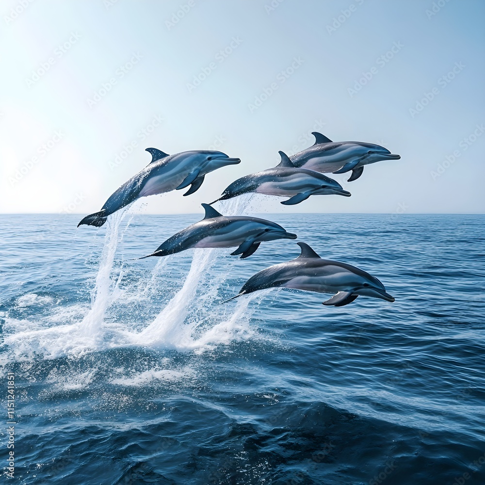 Fototapeta premium A photo of a group of dolphins leaping out of the water during a playful swim. 