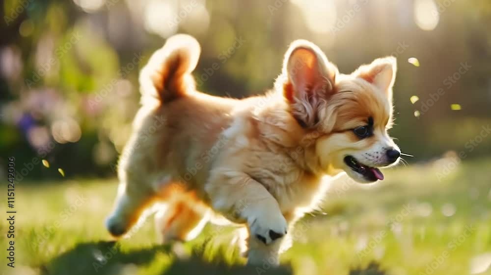 A cheerful puppy running through a lush garden on a sunny day, its playful energy radiating under the golden light A cheerful puppy running through a lush garden on a sunny day, its playful energy radiating under the golden light