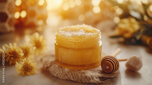 Manuka Honey Extract Face Mask with Honeycomb Backdrop and Warm Golden Light, Inviting and Soft photo