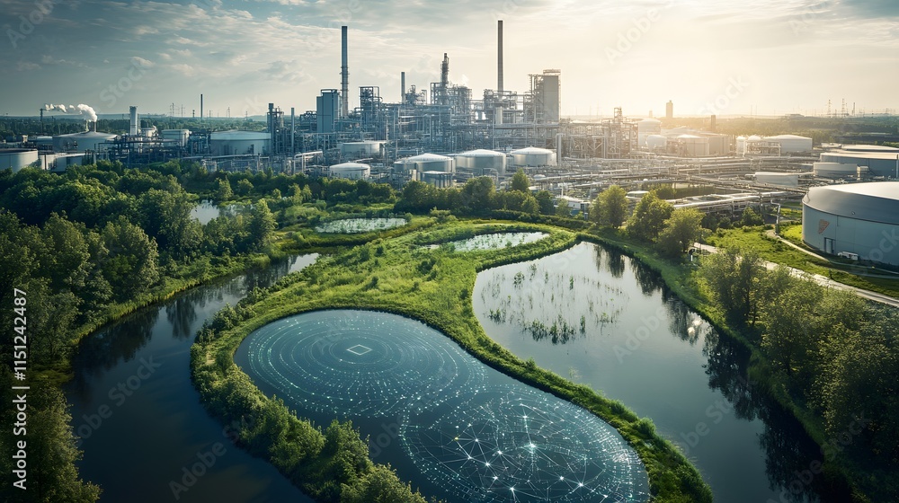 Fototapeta premium Industrial landscape with water bodies and digital overlay of connections.