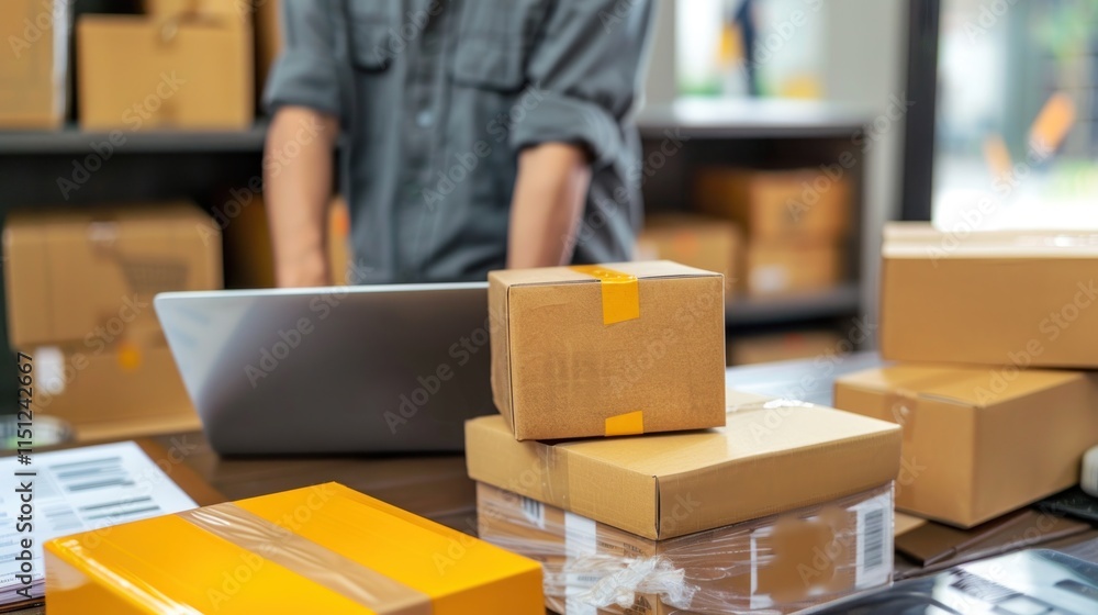 A workspace filled with packages and a laptop, indicating shipping or logistics activities. A workspace filled with packages and a laptop, indicating shipping or logistics activities.