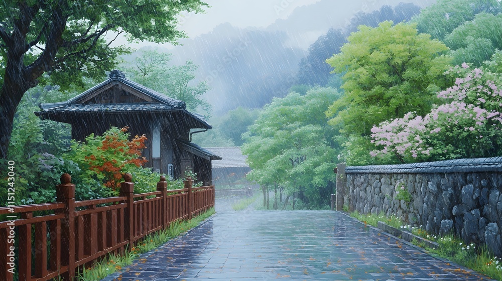 Serene rain-soaked pathway beside a traditional home and vibrant greenery. Serene rain-soaked pathway beside a traditional home and vibrant greenery.