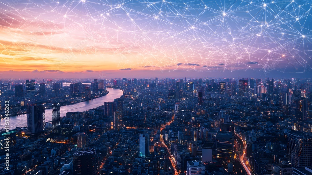 Obraz premium A stunning city skyline at sunset with digital network overlay.
