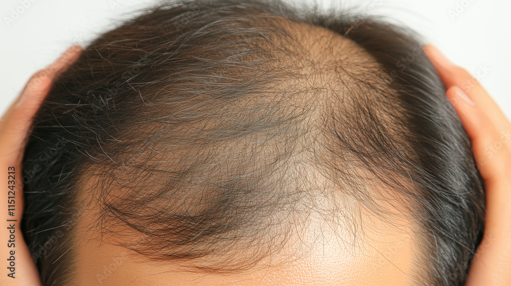 Fototapeta premium Person examining thinning hair in mirror, reflecting on aging and self-care. Embracing natural changes and prioritizing health and well-being.