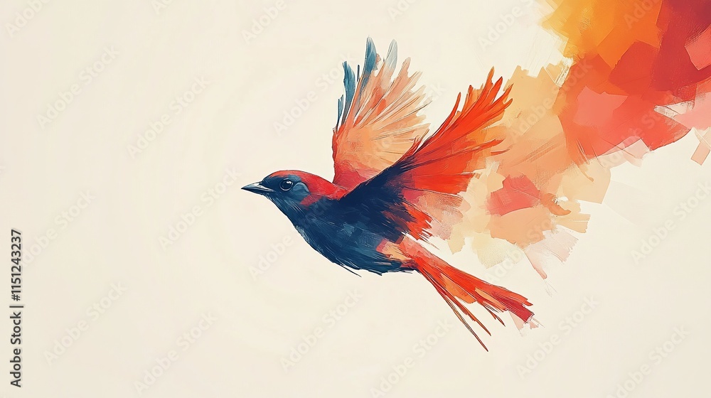 Fototapeta premium Stylized painted bird flying, colorful brushstroke effect.