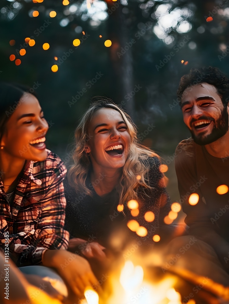 a group of friends laughing and sharing stories around a campfire under the stars. a group of friends laughing and sharing stories around a campfire under the stars.