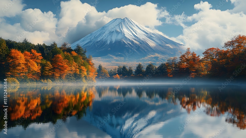 Majestic snow-capped mountain reflecting in a serene lake surrounded by autumn trees. Majestic snow-capped mountain reflecting in a serene lake surrounded by autumn trees.
