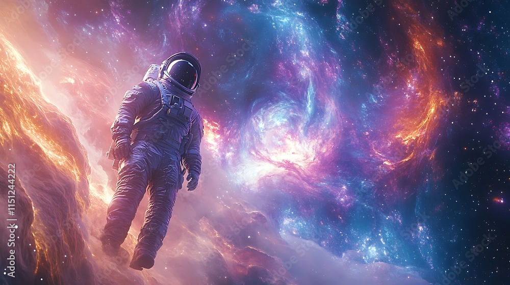 A lone astronaut floating in the void of space, swirling galaxies in vibrant hues of purple, blue, and orange filling the background, cinematic lighting highlighting the suit’s reflective textures, A lone astronaut floating in the void of space, swirling galaxies in vibrant hues of purple, blue, and orange filling the background, cinematic lighting highlighting the suit’s reflective textures,