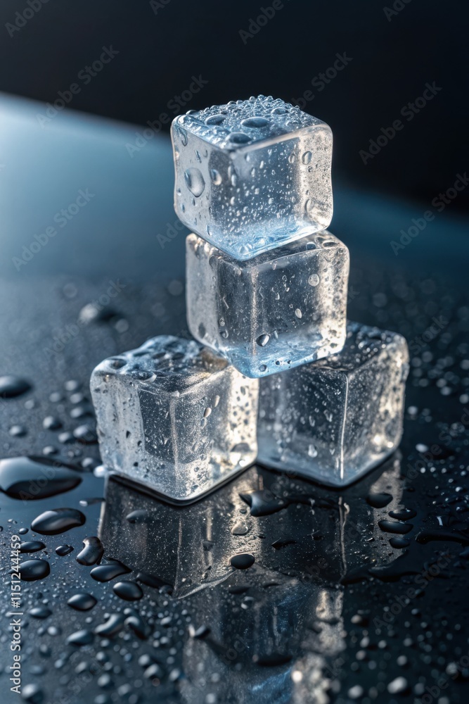 Close up of stacked ice cubes melting with water droplets on a dark surface Close up of stacked ice cubes melting with water droplets on a dark surface