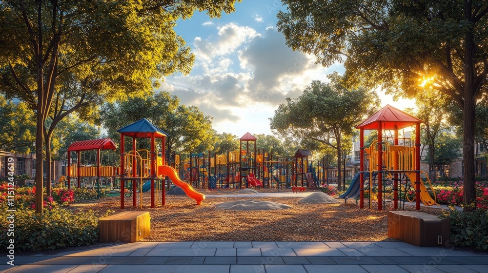 Sunlit playground, colorful equipment, landscaped setting. Sunlit playground, colorful equipment, landscaped setting.