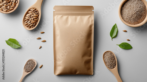 Eco-Friendly Organic Bird Feed Mix in Kraft Resealable Pouch Mockup with Seeds and Earthy Elements for a Nature-Inspired Packaging photo